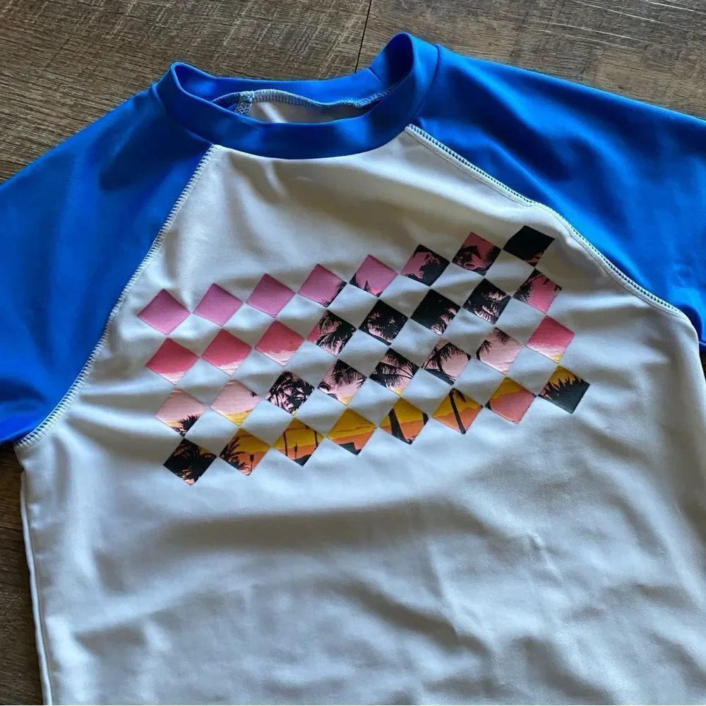 Rash Guard Swimming Shirt Boys Medium White Blue Tropical Swim